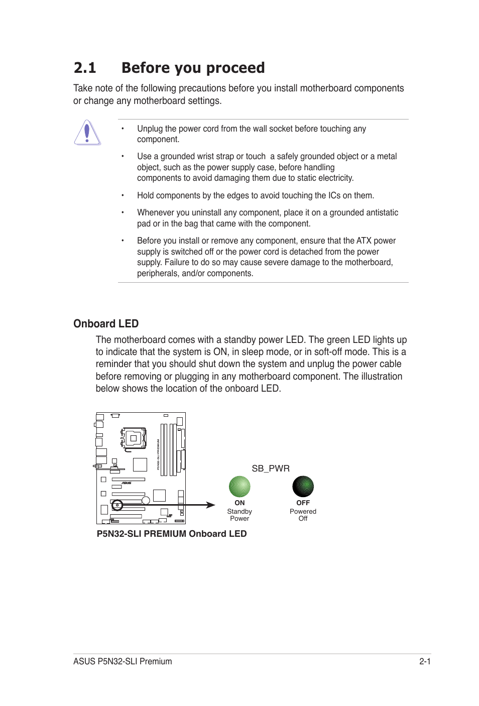 1 before you proceed, Before you proceed -1, Onboard led | Asus P5N32-SLI Premium User Manual | Page 27 / 114