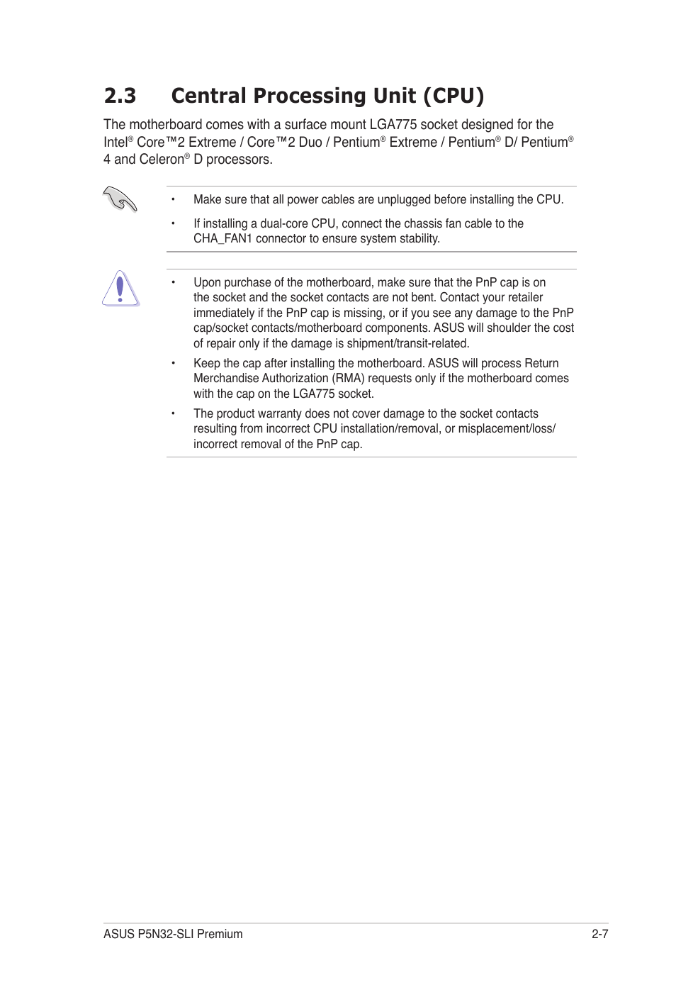 3 central processing unit (cpu), Central processing unit (cpu) -7 | Asus P5N32-SLI Premium User Manual | Page 33 / 114