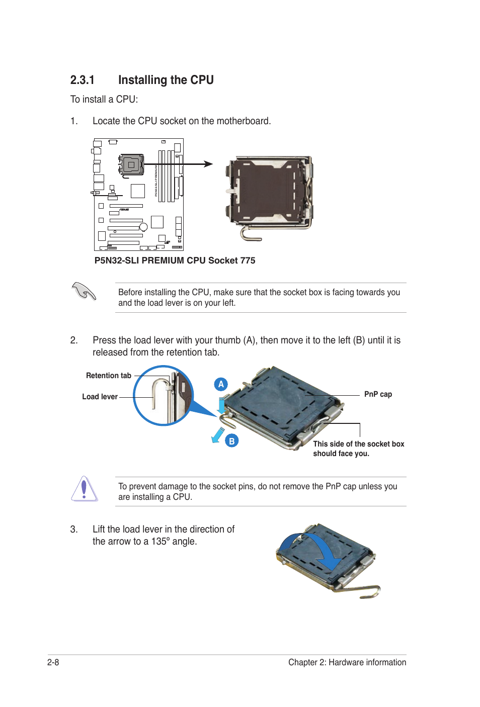 1 installing the cpu, Installing the cpu -8, 8 chapter 2: hardware information | Asus P5N32-SLI Premium User Manual | Page 34 / 114