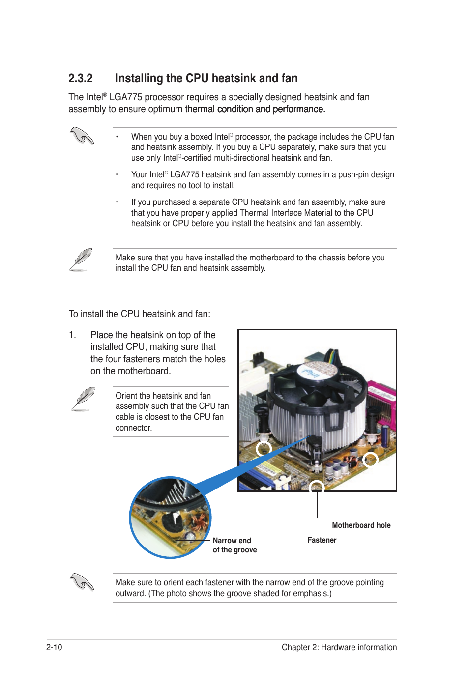 2 installing the cpu heatsink and fan, Installing the cpu heatsink and fan -10 | Asus P5N32-SLI Premium User Manual | Page 36 / 114