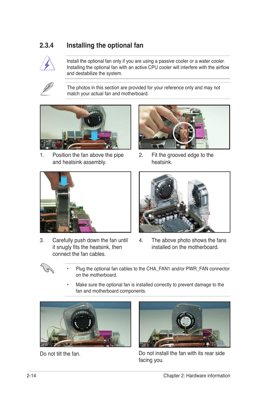 4 installing the optional fan, Installing the optional fan -14 | Asus P5N32-SLI Premium User Manual | Page 40 / 114