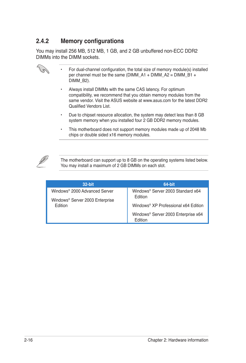 2 memory configurations, Memory configurations -16 | Asus P5N32-SLI Premium User Manual | Page 42 / 114
