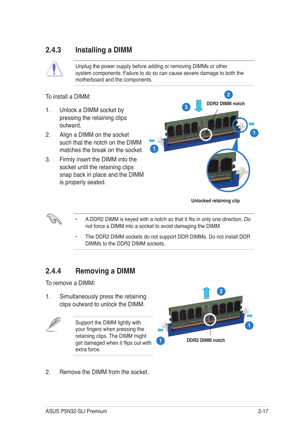 3 installing a dimm, 4 removing a dimm, Installing a dimm -17 | Removing a dimm -17 | Asus P5N32-SLI Premium User Manual | Page 43 / 114