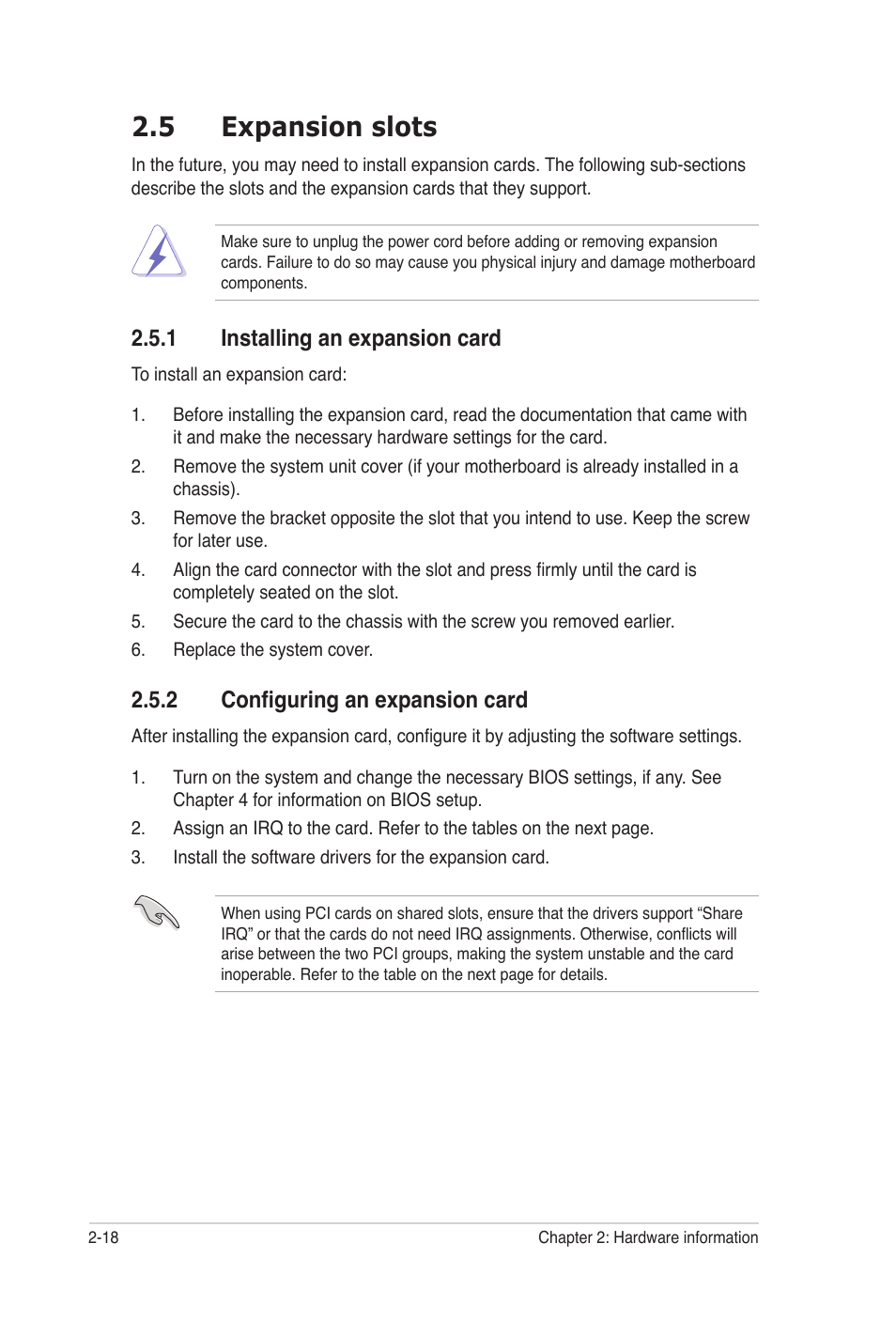 5 expansion slots, 1 installing an expansion card, 2 configuring an expansion card | Expansion slots -18 2.5.1, Installing an expansion card -18, Configuring an expansion card -18, Expansion slots -18 | Asus P5N32-SLI Premium User Manual | Page 44 / 114