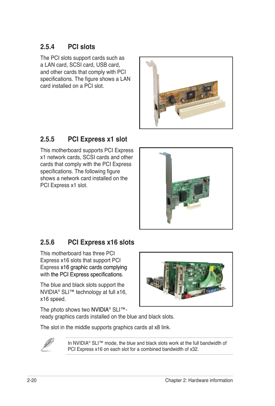 4 pci slots, 5 pci express x1 slot, 6 pci express x16 slots | Pci slots -20, Pci express x1 slot -20, Pci express x16 slots -20 | Asus P5N32-SLI Premium User Manual | Page 46 / 114