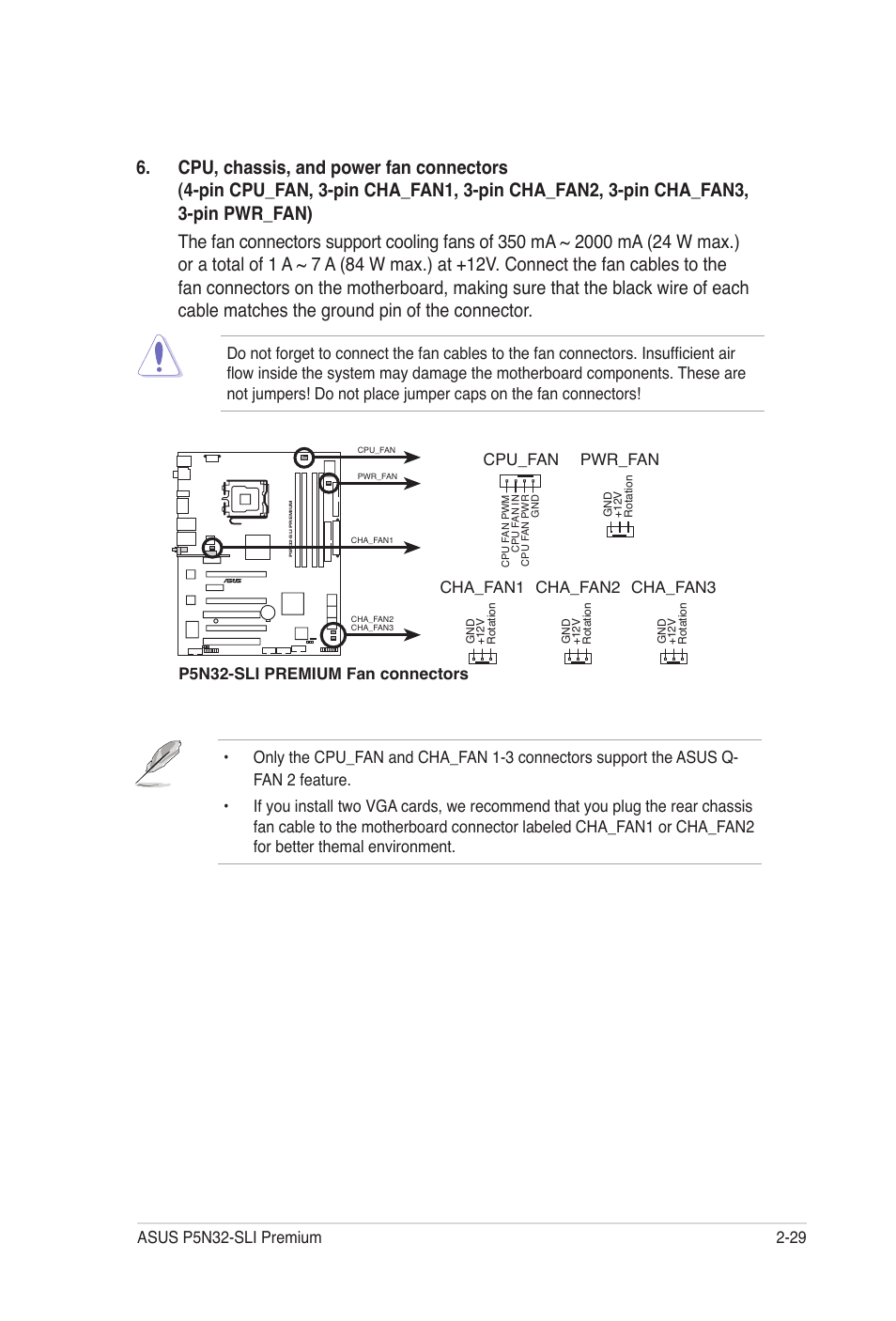 P5n32-sli premium fan connectors cpu_fan cha_fan1, Pwr_fan, Cha_fan2 | Cha_fan3 | Asus P5N32-SLI Premium User Manual | Page 55 / 114