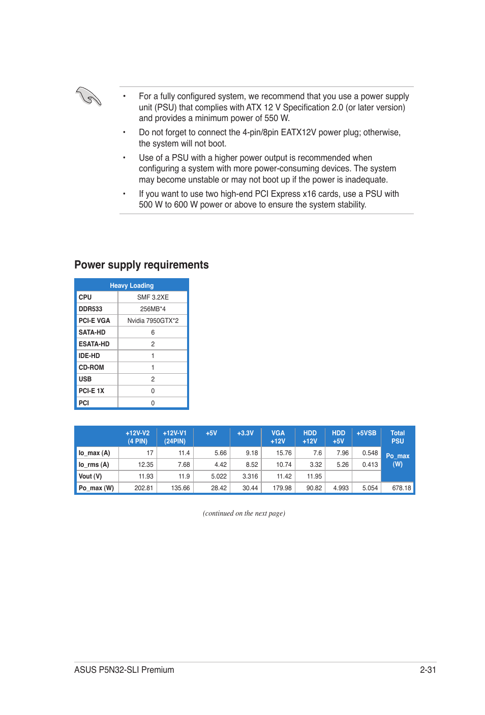 Power supply requirements | Asus P5N32-SLI Premium User Manual | Page 57 / 114