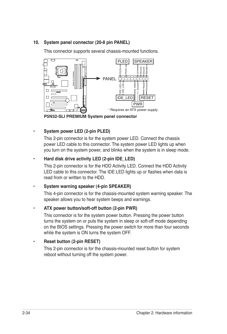 34 chapter 2: hardware information, P5n32-sli premium system panel connector, Panel | Asus P5N32-SLI Premium User Manual | Page 60 / 114