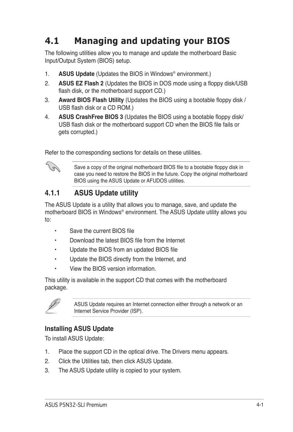 1 managing and updating your bios, 1 asus update utility, Managing and updating your bios -1 4.1.1 | Asus update utility -1, Managing and updating your bios -1 | Asus P5N32-SLI Premium User Manual | Page 69 / 114