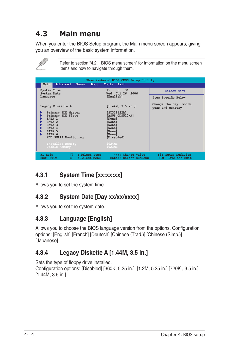 3 main menu, 1 system time [xx:xx:xx, 2 system date [day xx/xx/xxxx | 3 language [english, 4 legacy diskette a [1.44m, 3.5 in, Main menu -14 4.3.1, System time -14, System date -14, Language -14, Legacy diskette a -14 | Asus P5N32-SLI Premium User Manual | Page 82 / 114