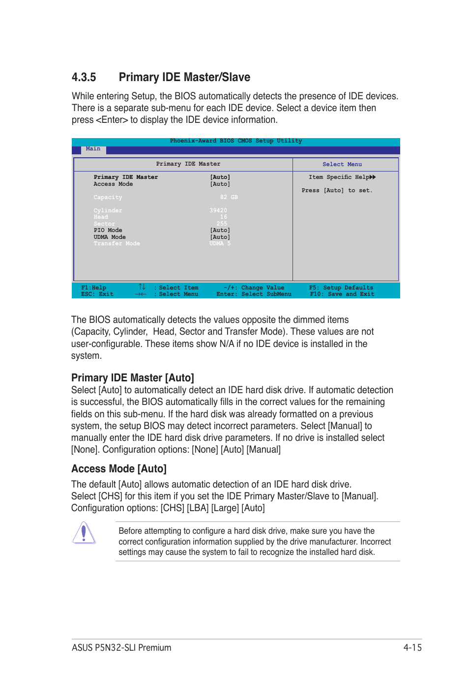 5 primary ide master/slave, Primary ide master/slave -15, Primary ide master [auto | Access mode [auto | Asus P5N32-SLI Premium User Manual | Page 83 / 114