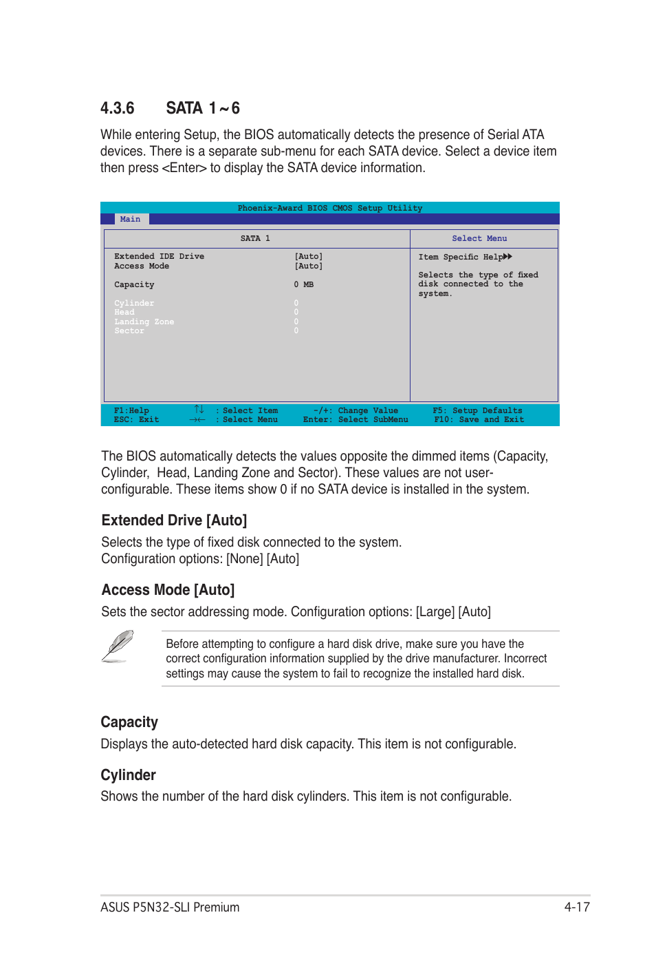 6 sata 1 ~ 6, Sata 1 ~ 6 -17, Extended drive [auto | Access mode [auto, Capacity, Cylinder | Asus P5N32-SLI Premium User Manual | Page 85 / 114