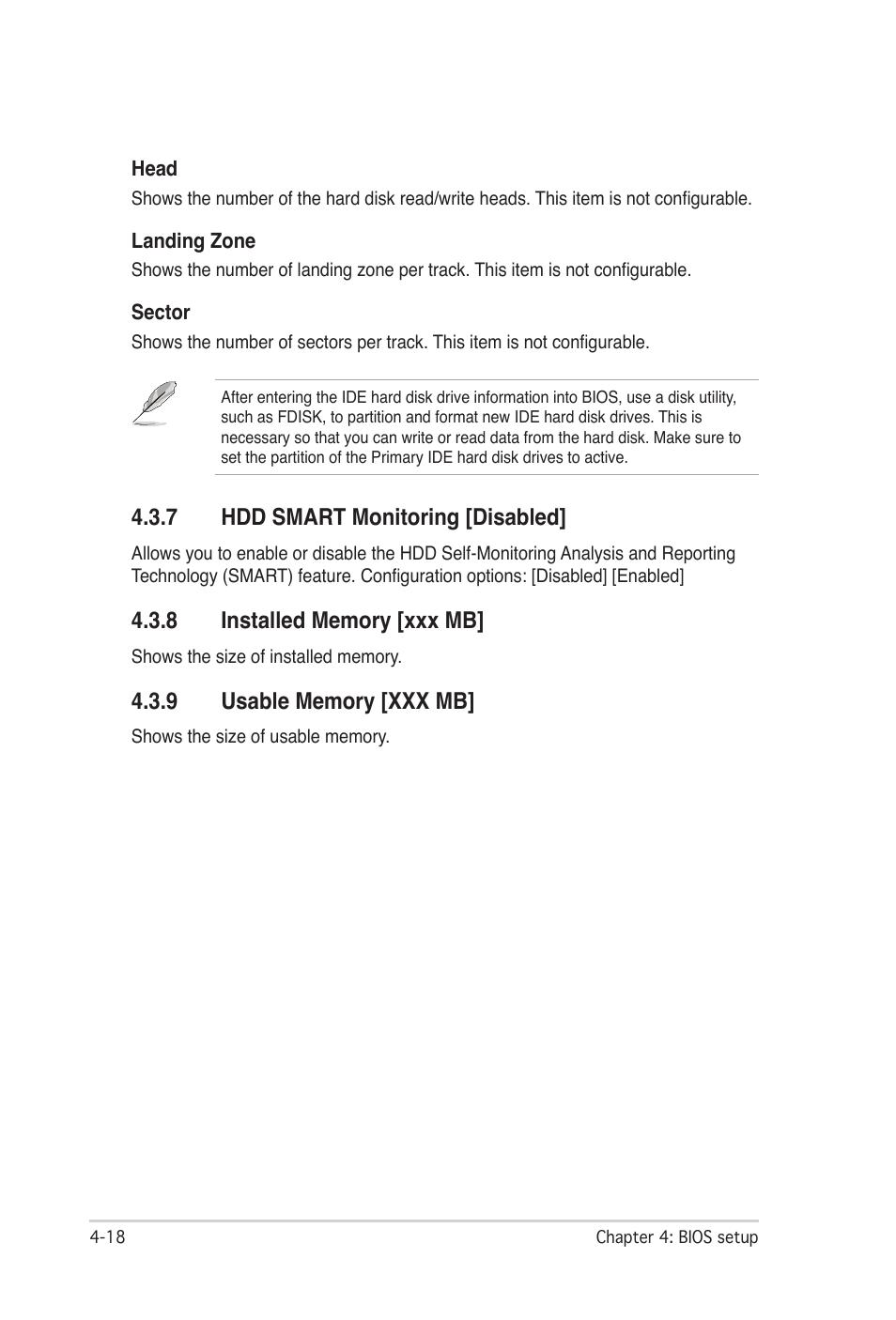 7 hdd smart monitoring [disabled, 8 installed memory [xxx mb, 9 usable memory [xxx mb | Hdd smart monitoring -18, Installed memory -18, Usable memory -18 | Asus P5N32-SLI Premium User Manual | Page 86 / 114