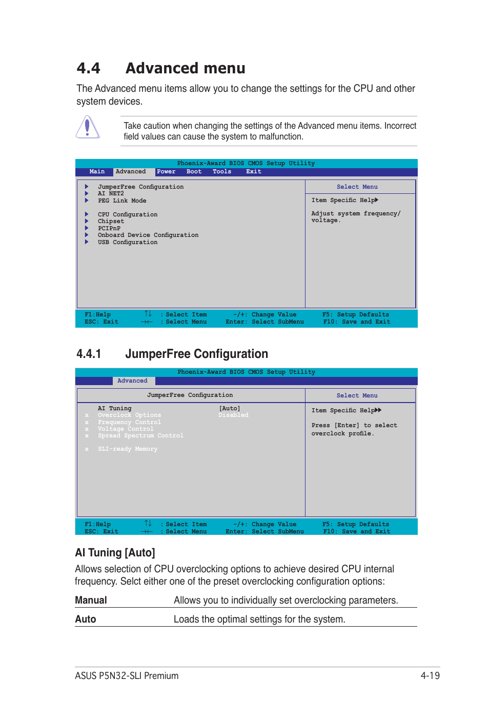 4 advanced menu, 1 jumperfree configuration, Advanced menu -19 4.4.1 | Jumperfree configuration -19, Advanced menu -19, Ai tuning [auto | Asus P5N32-SLI Premium User Manual | Page 87 / 114