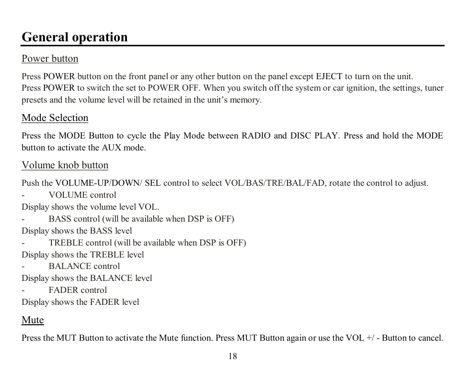 General operation | Hyundai H-CMD7076 User Manual | Page 18 / 85