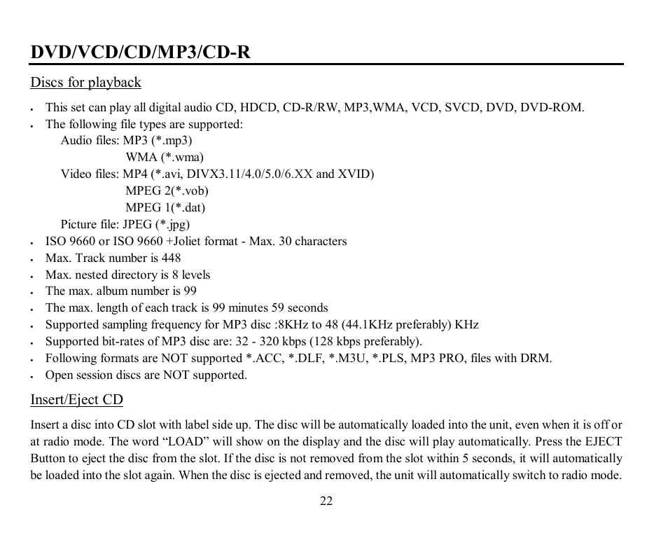 Dvd/vcd/cd/mp3/cd-r, Discs for playback, Insert/eject cd | Hyundai H-CMD7076 User Manual | Page 22 / 85