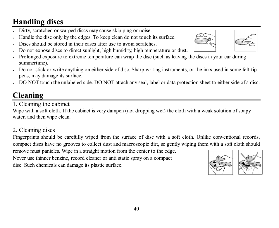 Handling discs, Cleaning, Cleaning the cabinet | Cleaning discs | Hyundai H-CMD7076 User Manual | Page 40 / 85