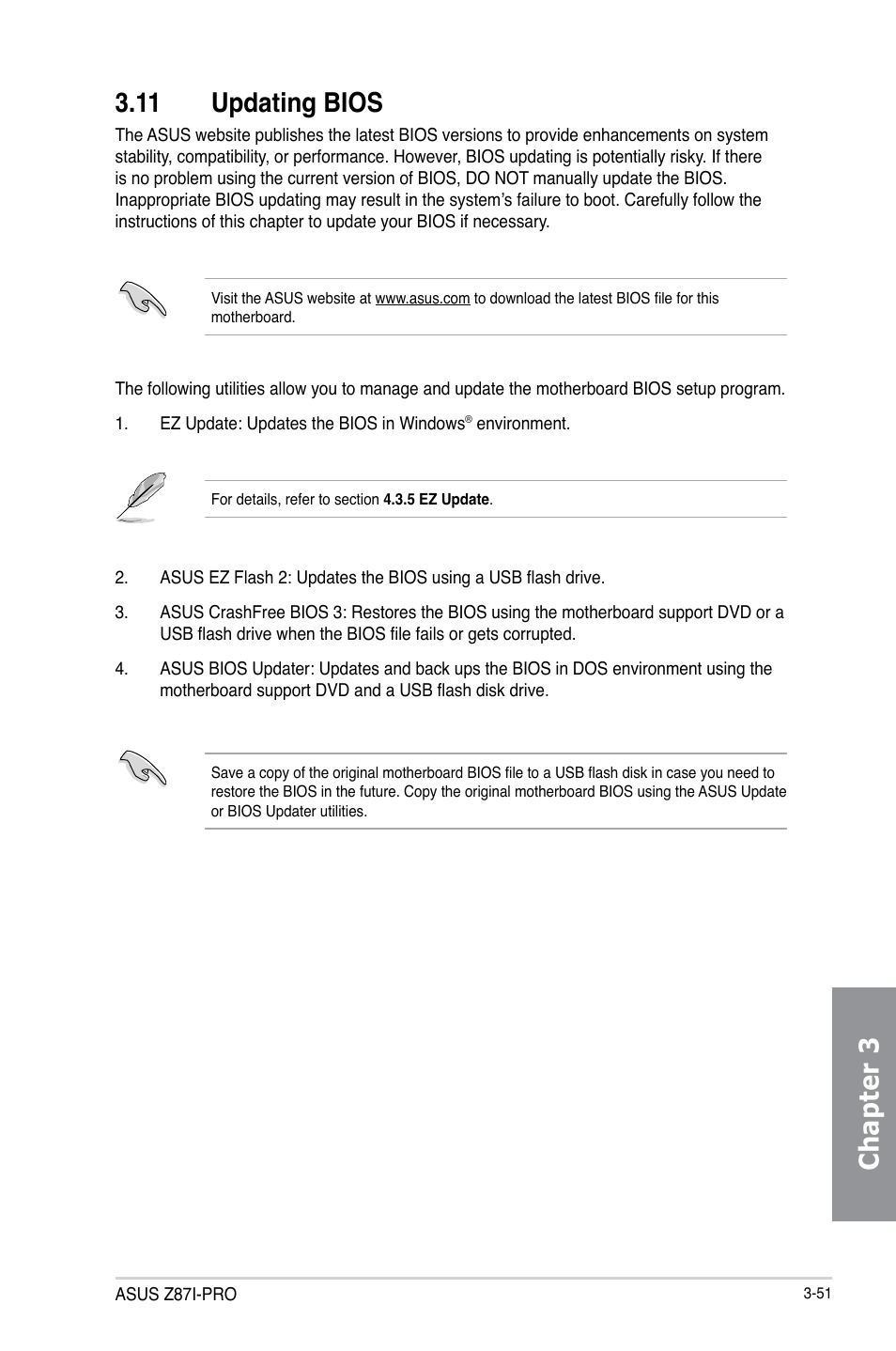 11 updating bios, Updating bios -51, Chapter 3 3.11 updating bios | Asus Z87I-PRO User Manual | Page 111 / 146