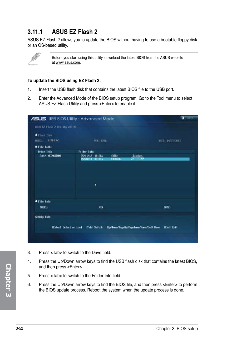 1 asus ez flash 2, Asus ez flash 2 -52, Chapter 3 | Asus Z87I-PRO User Manual | Page 112 / 146