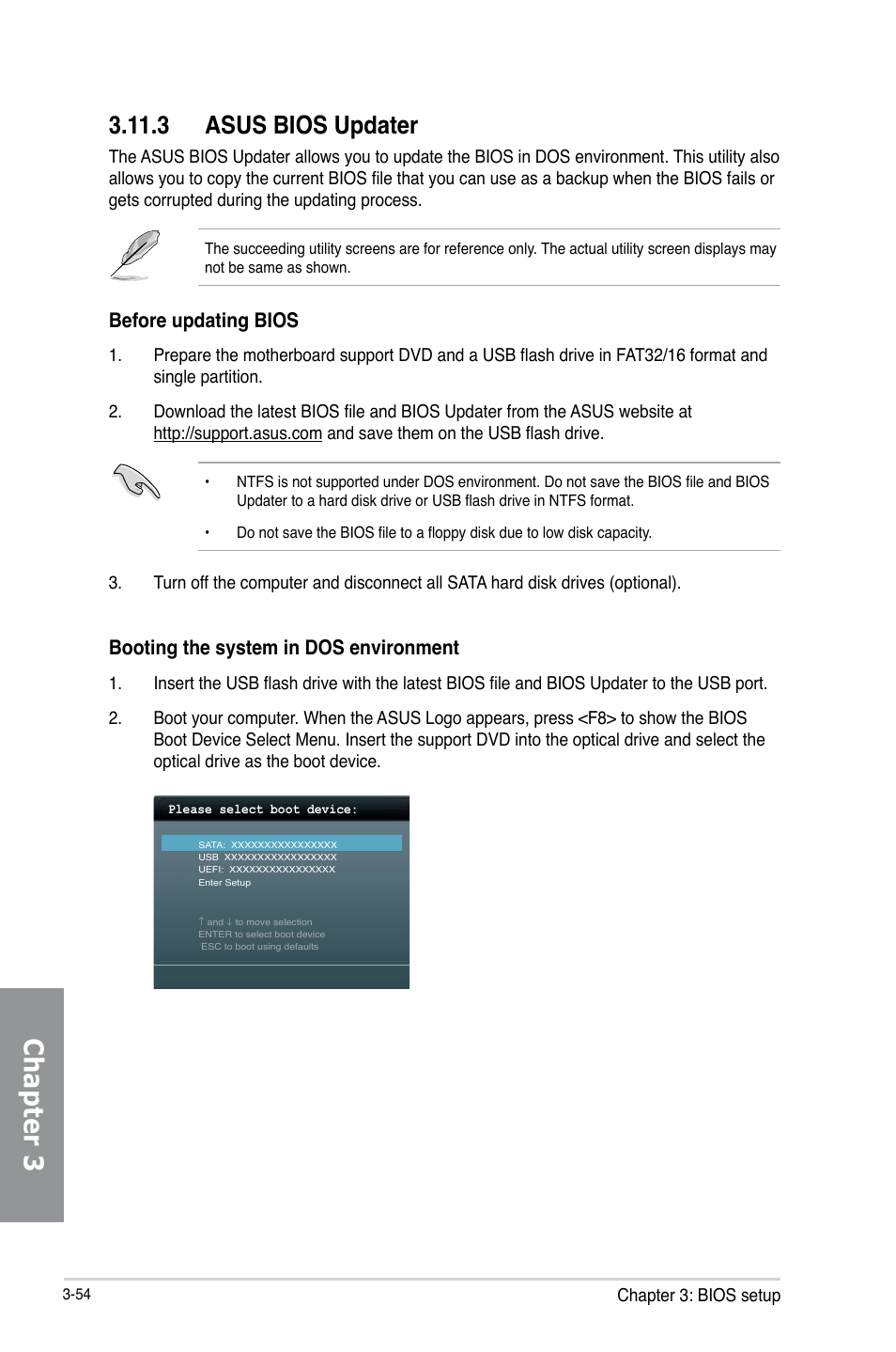 3 asus bios updater, Asus bios updater -54, Chapter 3 | Before updating bios, Booting the system in dos environment, Chapter 3: bios setup | Asus Z87I-PRO User Manual | Page 114 / 146