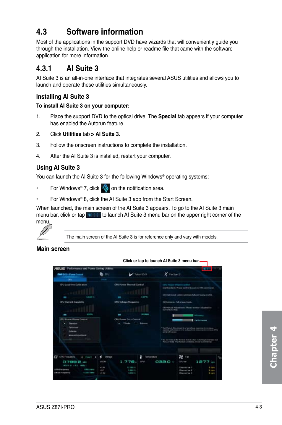 3 software information, 1 ai suite 3, Software information -3 4.3.1 | Ai suite 3 -3, Chapter 4 4.3 software information | Asus Z87I-PRO User Manual | Page 119 / 146