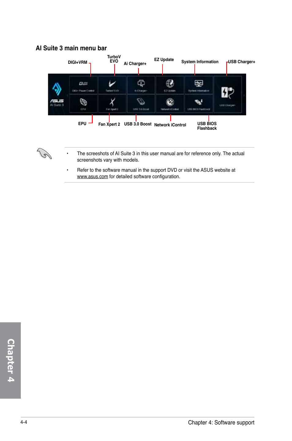 Chapter 4, Ai suite 3 main menu bar | Asus Z87I-PRO User Manual | Page 120 / 146