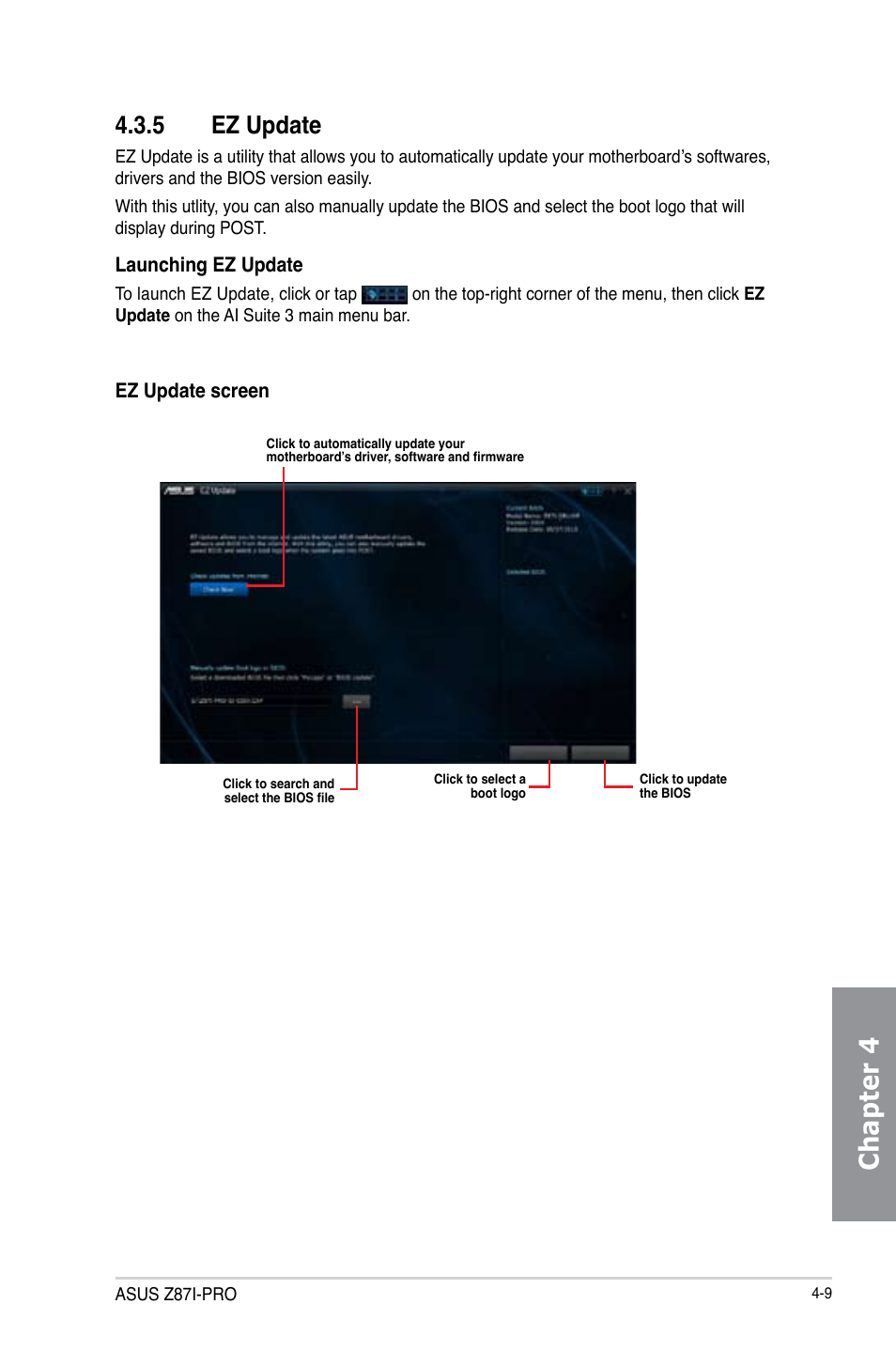 5 ez update, Ez update -9, Chapter 4 | Asus Z87I-PRO User Manual | Page 125 / 146