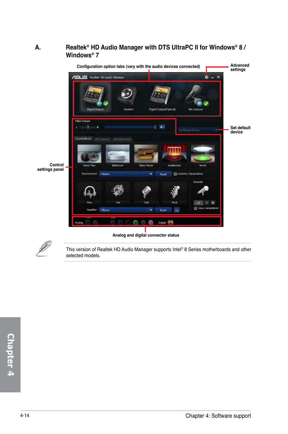 Chapter 4, A. realtek, Hd audio manager with dts ultrapc ii for windows | 8 / windows | Asus Z87I-PRO User Manual | Page 130 / 146