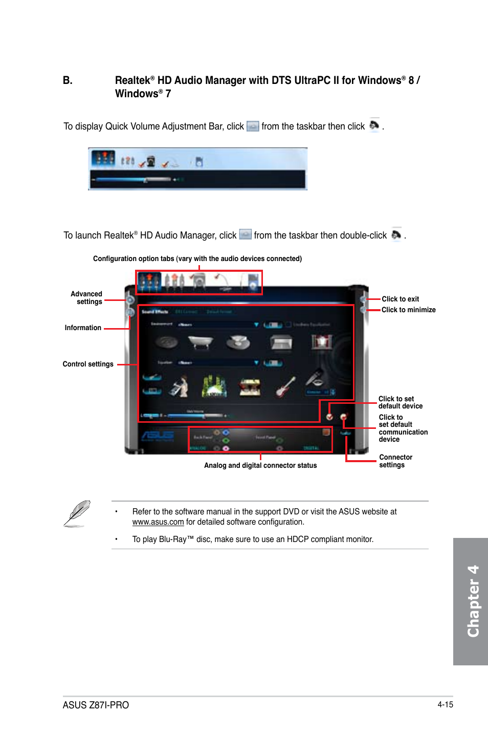 Chapter 4, B. realtek, Hd audio manager with dts ultrapc ii for windows | 8 / windows | Asus Z87I-PRO User Manual | Page 131 / 146