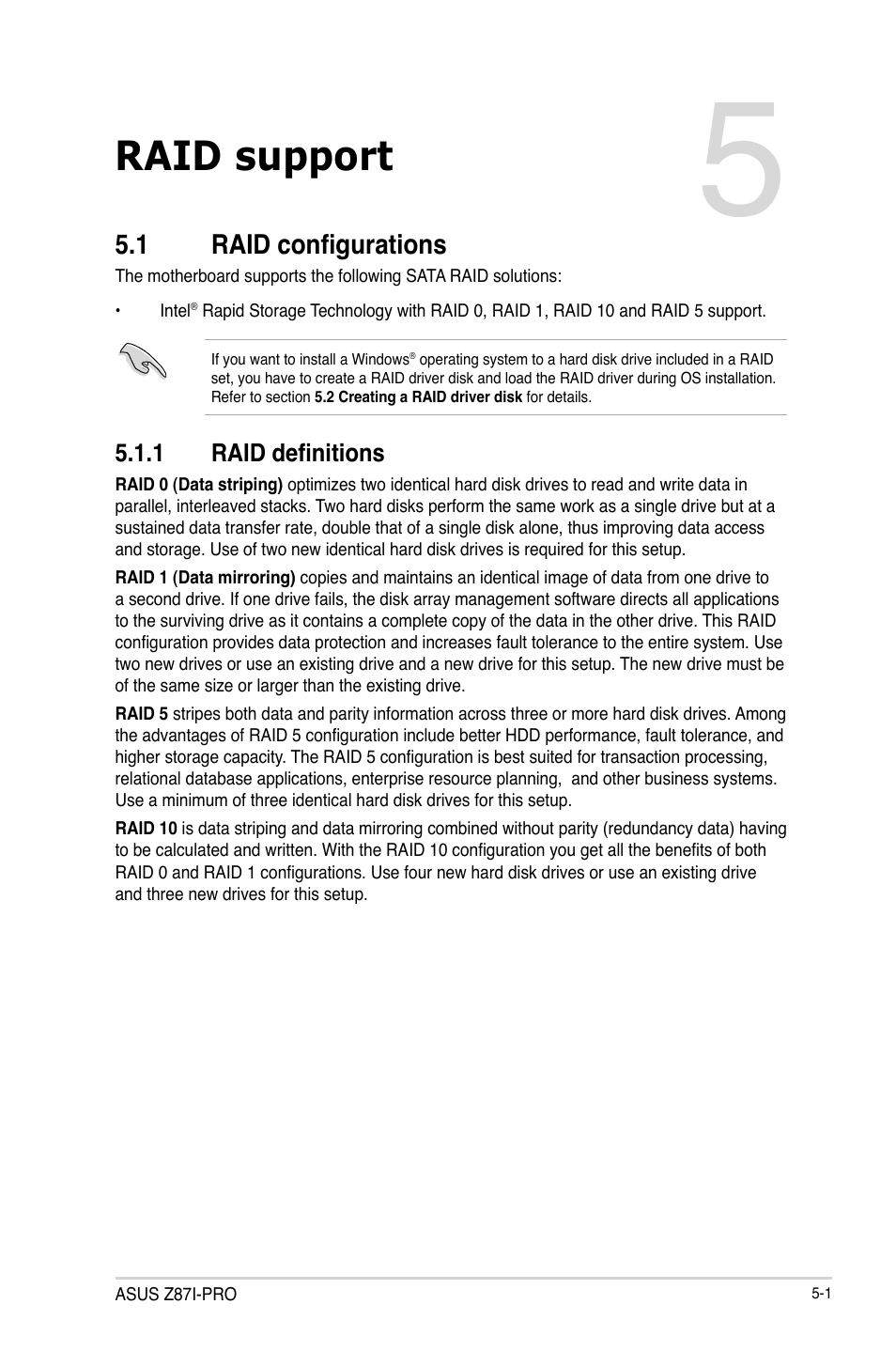Chapter 5: raid support, 1 raid configurations, 1 raid definitions | Chapter 5, Raid support, Raid configurations -1 5.1.1, Raid definitions -1 | Asus Z87I-PRO User Manual | Page 133 / 146