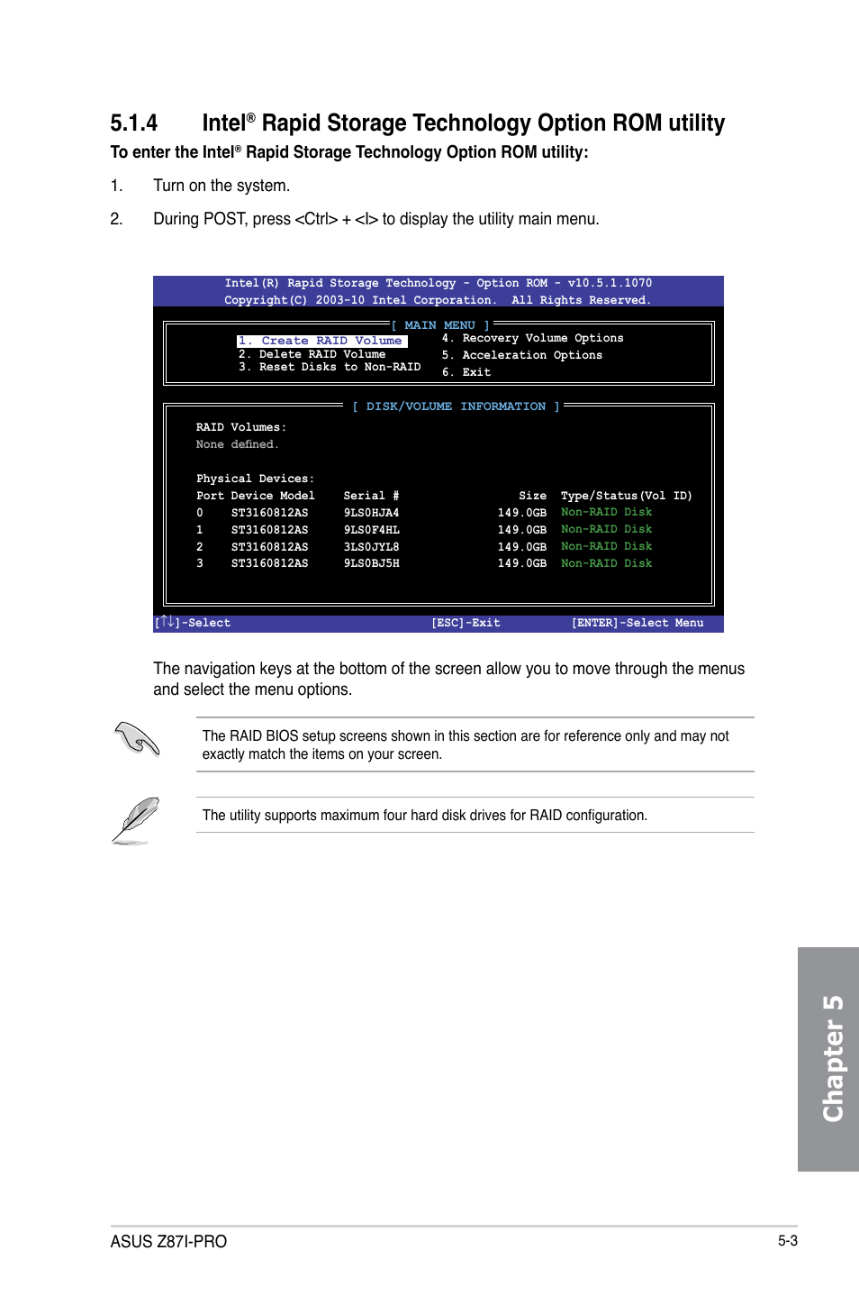 Intel, Rapid storage technology option rom utility -3, Chapter 5 | 4 intel, Rapid storage technology option rom utility | Asus Z87I-PRO User Manual | Page 135 / 146