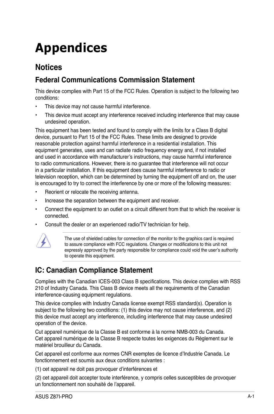 Appendices, Notices, Federal communications commission statement | Ic: canadian compliance statement | Asus Z87I-PRO User Manual | Page 141 / 146