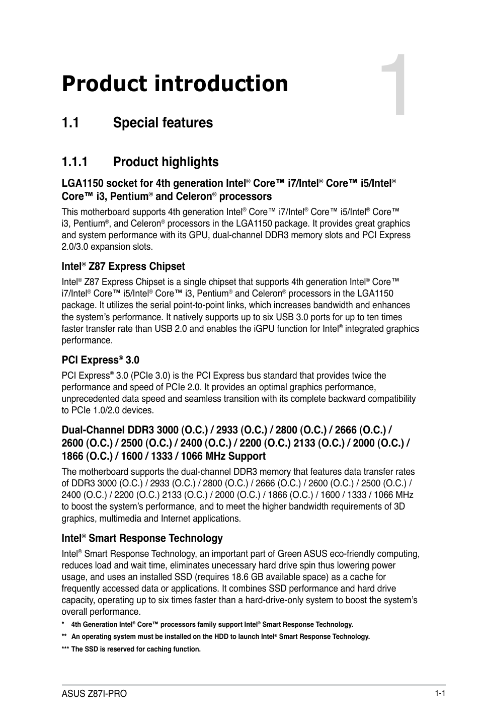 Chapter 1: product introduction, 1 special features, 1 product highlights | Chapter 1, Product introduction, Special features -1 1.1.1, Product highlights -1 | Asus Z87I-PRO User Manual | Page 15 / 146