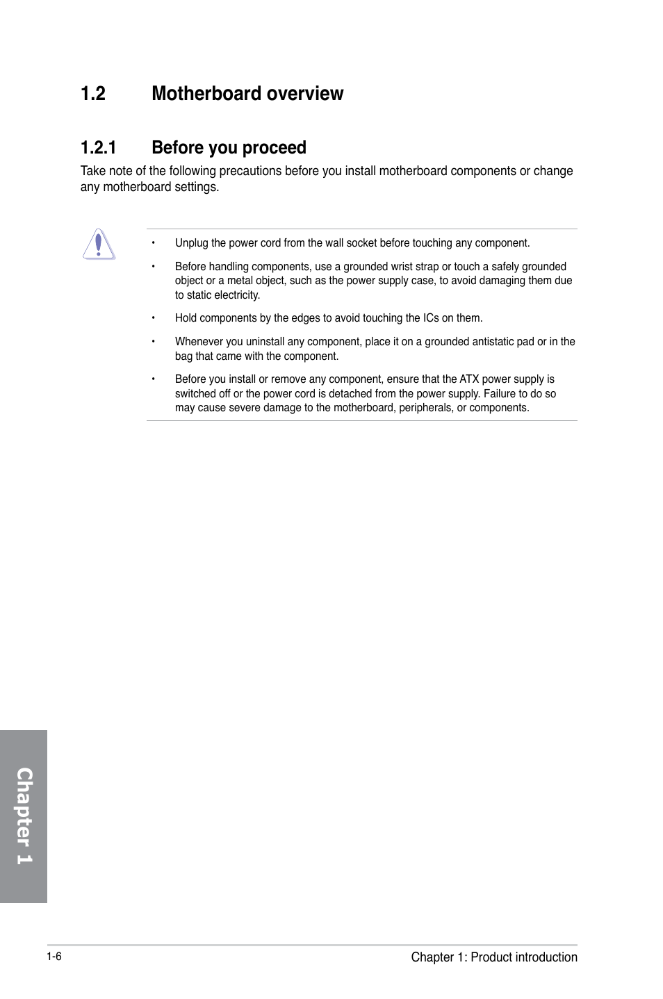 2 motherboard overview, 1 before you proceed, Motherboard overview -6 1.2.1 | Before you proceed -6, Chapter 1 1.2 motherboard overview | Asus Z87I-PRO User Manual | Page 20 / 146