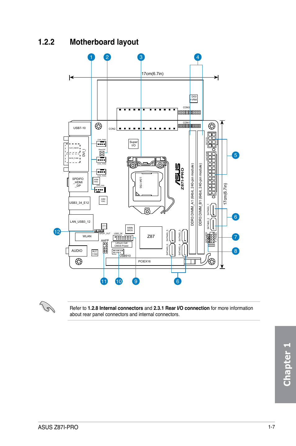 2 motherboard layout, Motherboard layout -7, Chapter 1 | Asus z87i-pro | Asus Z87I-PRO User Manual | Page 21 / 146