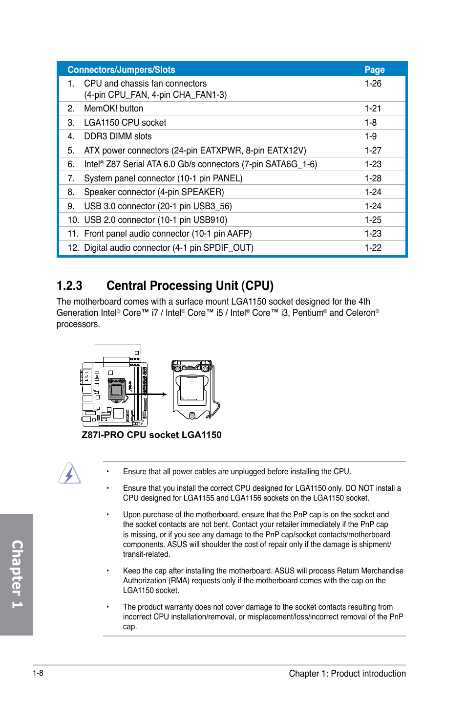 3 central processing unit (cpu), Central processing unit (cpu) -8, Chapter 1 | Asus Z87I-PRO User Manual | Page 22 / 146