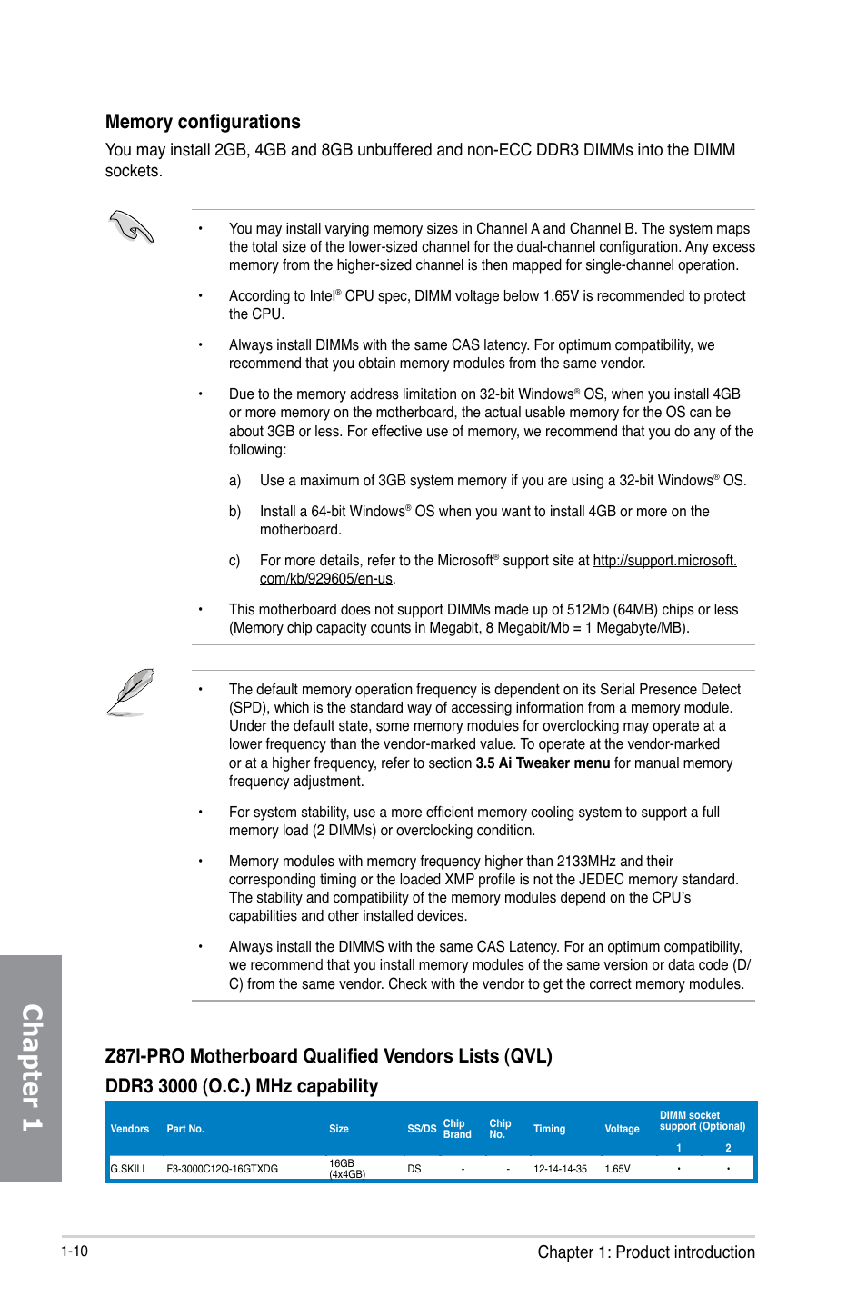 Chapter 1, Z87i-pro motherboard qualified vendors lists (qvl), Chapter 1: product introduction | Asus Z87I-PRO User Manual | Page 24 / 146