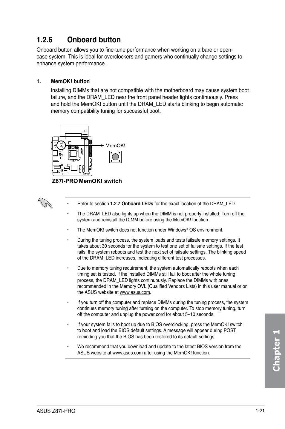 6 onboard button, Onboard button -21, Chapter 1 | Asus Z87I-PRO User Manual | Page 35 / 146