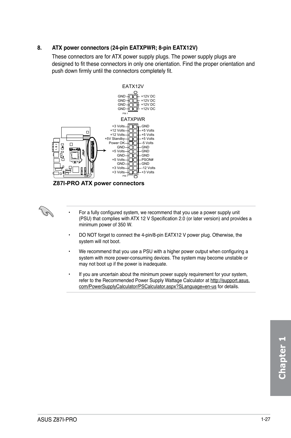 Chapter 1, Asus z87i-pro, Z87i-pro atx power connectors | Asus Z87I-PRO User Manual | Page 41 / 146