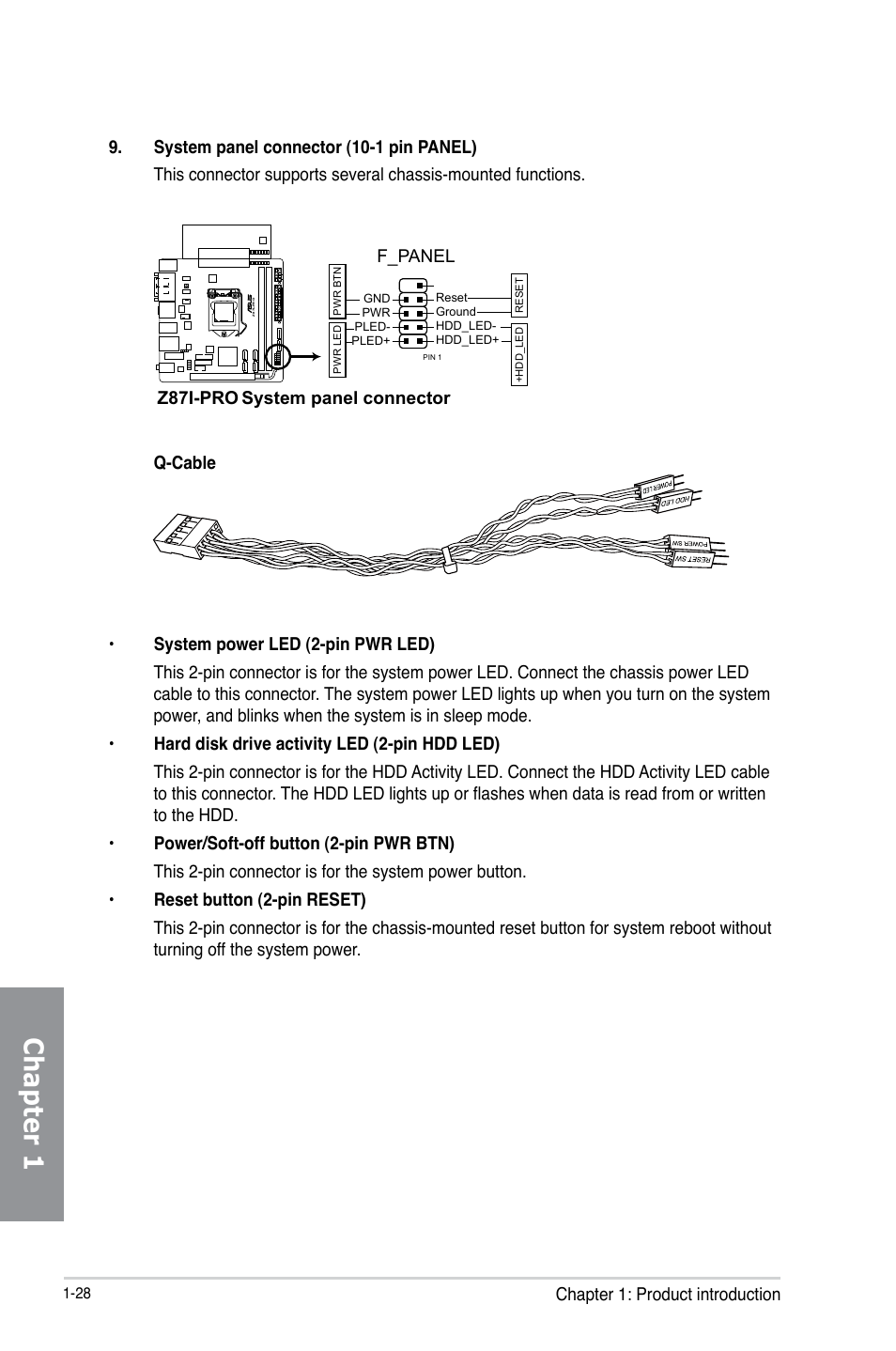 Chapter 1, Chapter 1: product introduction, Z87i-pro system panel connector | F_panel | Asus Z87I-PRO User Manual | Page 42 / 146