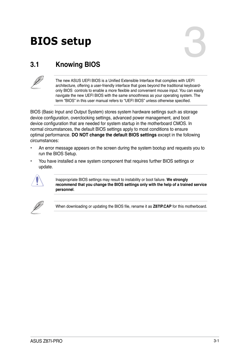 Chapter 3: bios setup, 1 knowing bios, Chapter 3 | Bios setup, Knowing bios -1 | Asus Z87I-PRO User Manual | Page 61 / 146