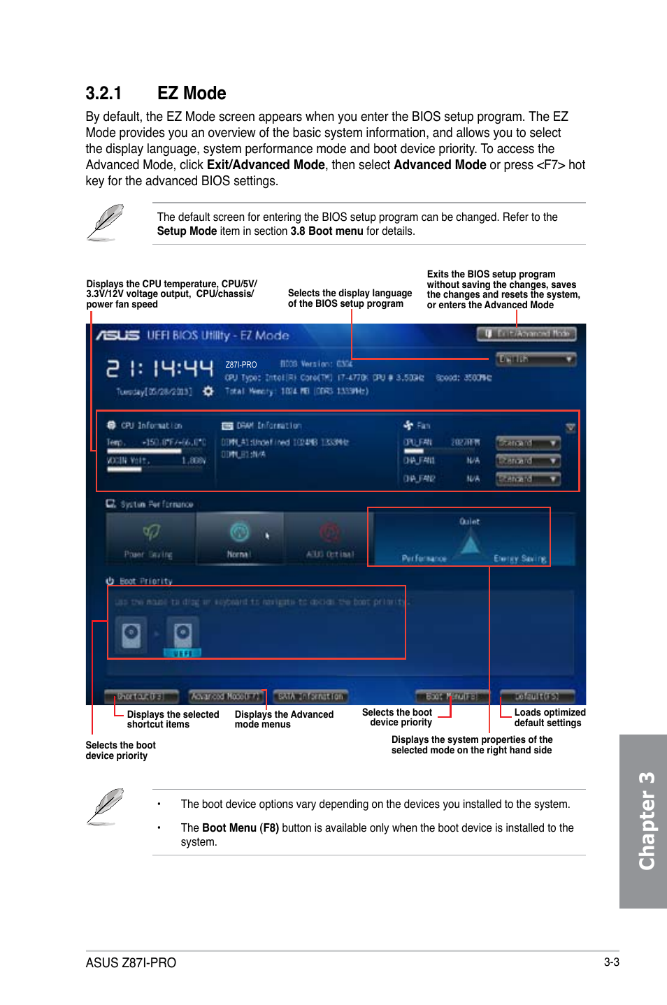 1 ez mode, Ez mode -3, Chapter 3 | Asus Z87I-PRO User Manual | Page 63 / 146