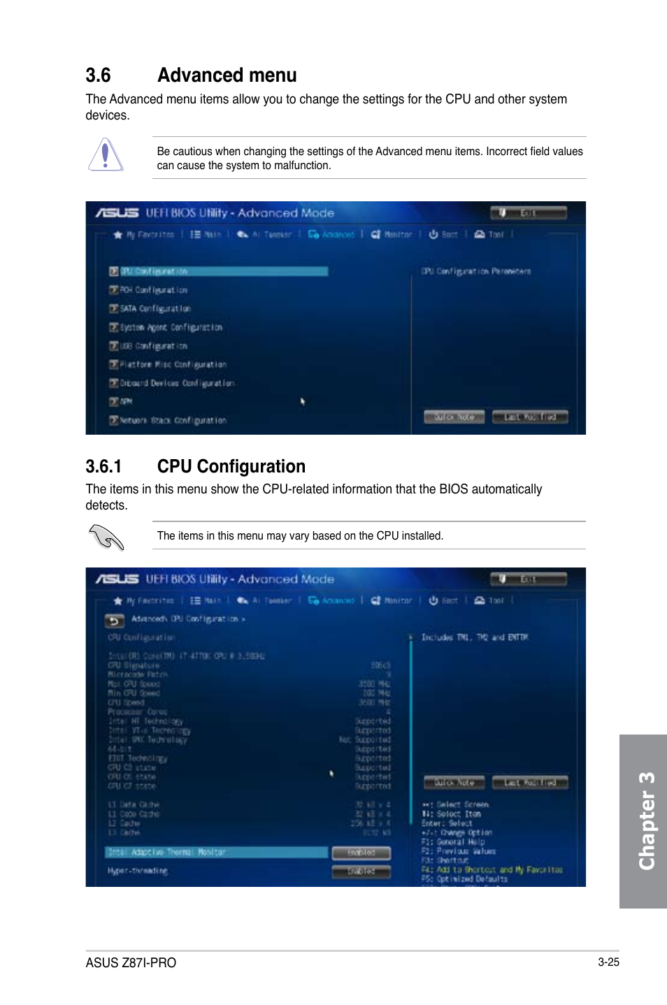 6 advanced menu, 1 cpu configuration, Advanced menu -25 3.6.1 | Cpu configuration -25, Chapter 3 3.6 advanced menu | Asus Z87I-PRO User Manual | Page 85 / 146