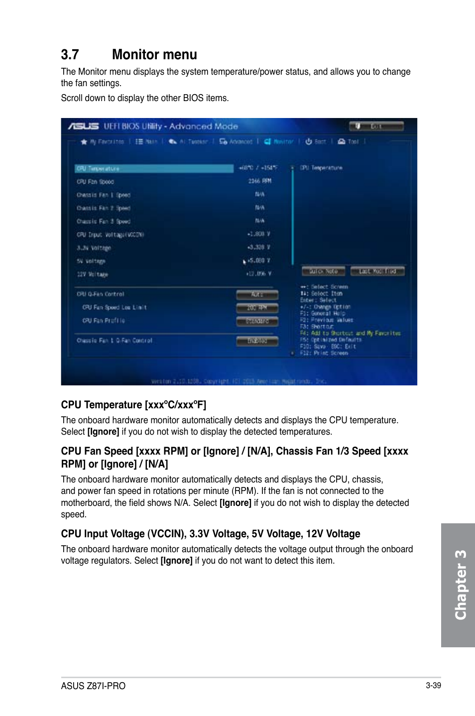 7 monitor menu, Monitor menu -39, Chapter 3 3.7 monitor menu | Asus Z87I-PRO User Manual | Page 99 / 146