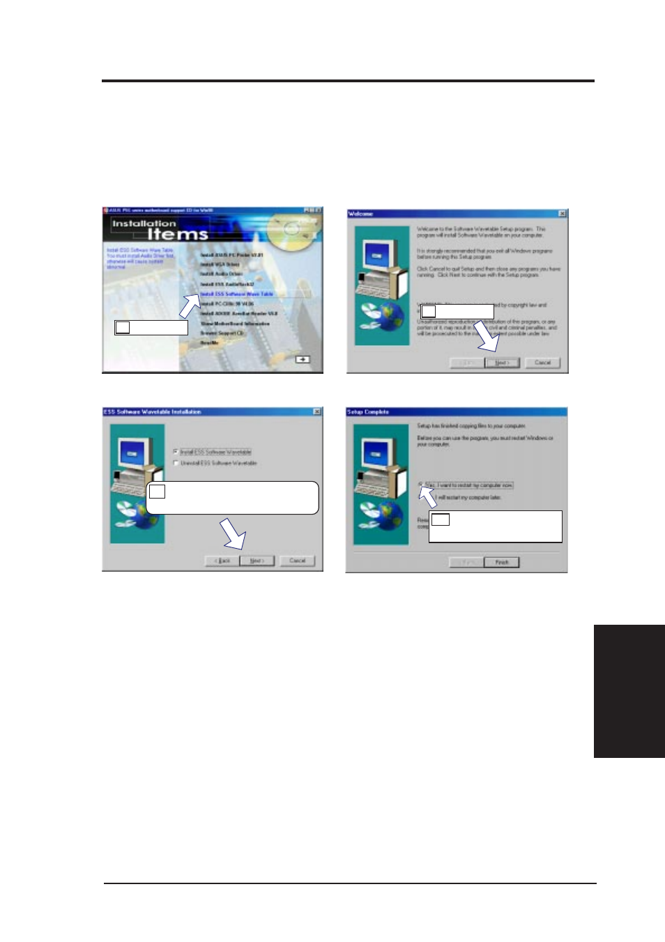 V. software setup, Install ess software wave table, Only with onboard audio option) | Asus P5S-B User Manual | Page 75 / 104