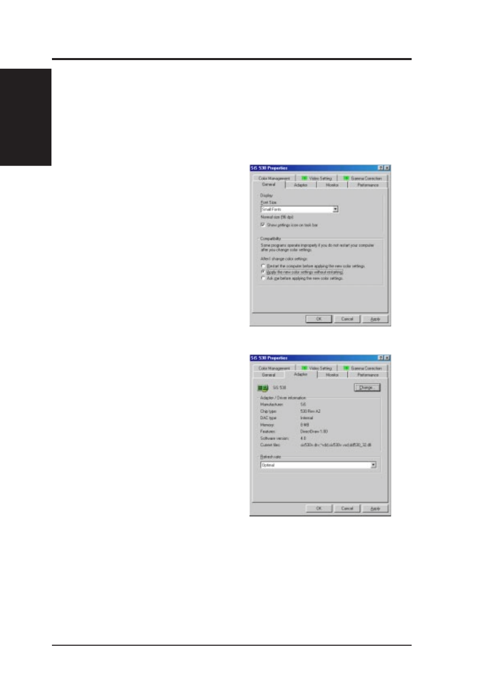 Vi. software reference, Sis 530 display properties, General | Adapter | Asus P5S-B User Manual | Page 88 / 104