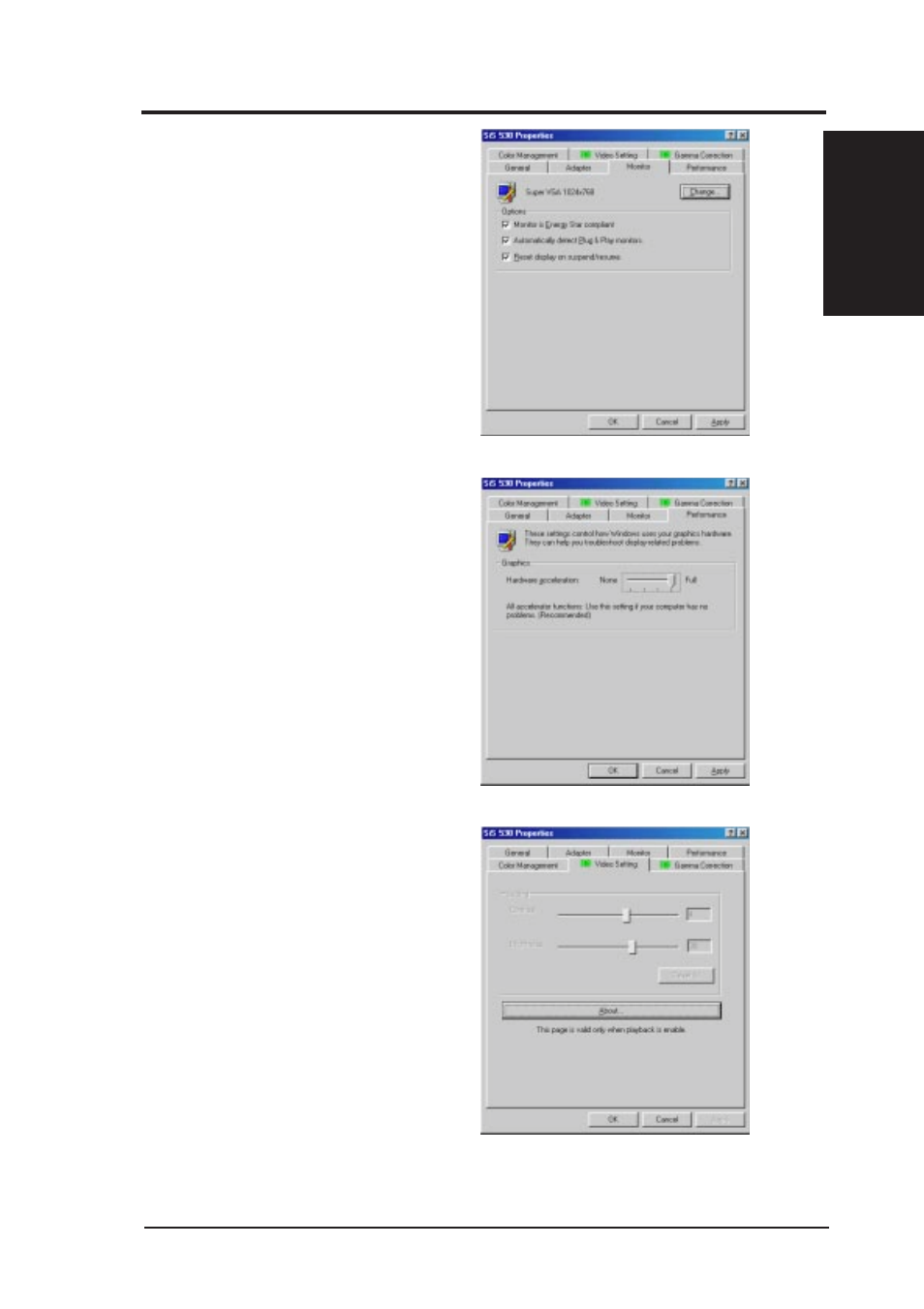 Vi. software reference, Monitor, Performance | Video setting | Asus P5S-B User Manual | Page 89 / 104