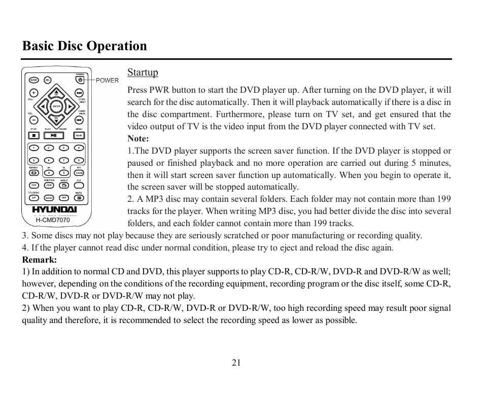 Basic disc operation | Hyundai H-CMD7070 User Manual | Page 21 / 85