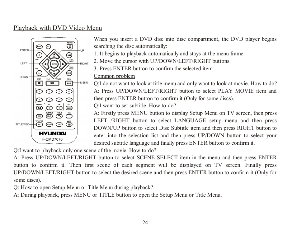 Playback with dvd video menu | Hyundai H-CMD7070 User Manual | Page 24 / 85