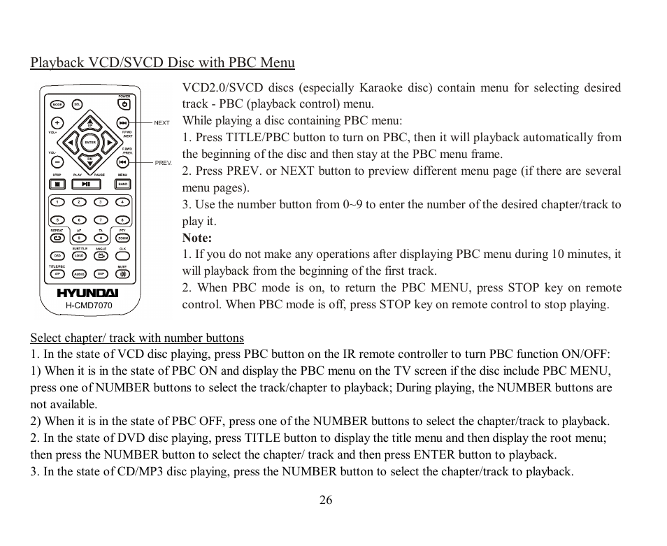 Playback vcd/svcd disc with pbc menu | Hyundai H-CMD7070 User Manual | Page 26 / 85